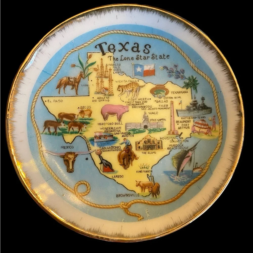 VTG Texas Souvenir Miniature Cup Saucer Set Gold Trim Japan Porcelain